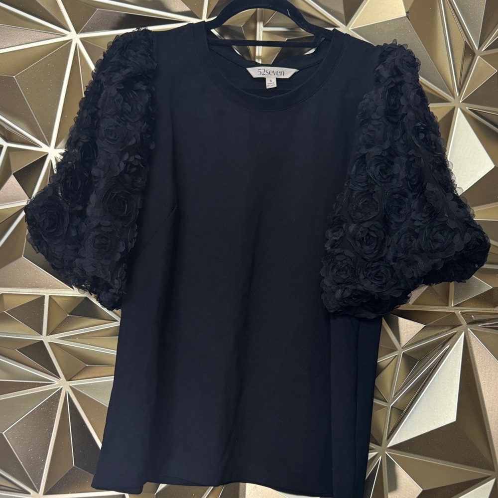 Seven7 Black Top with Textured Floral Sleeves